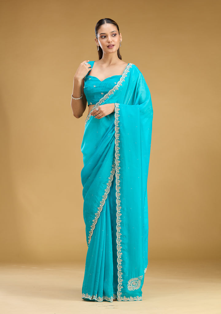 Blue Organza Stonework Saree With Matching Blouse Piece