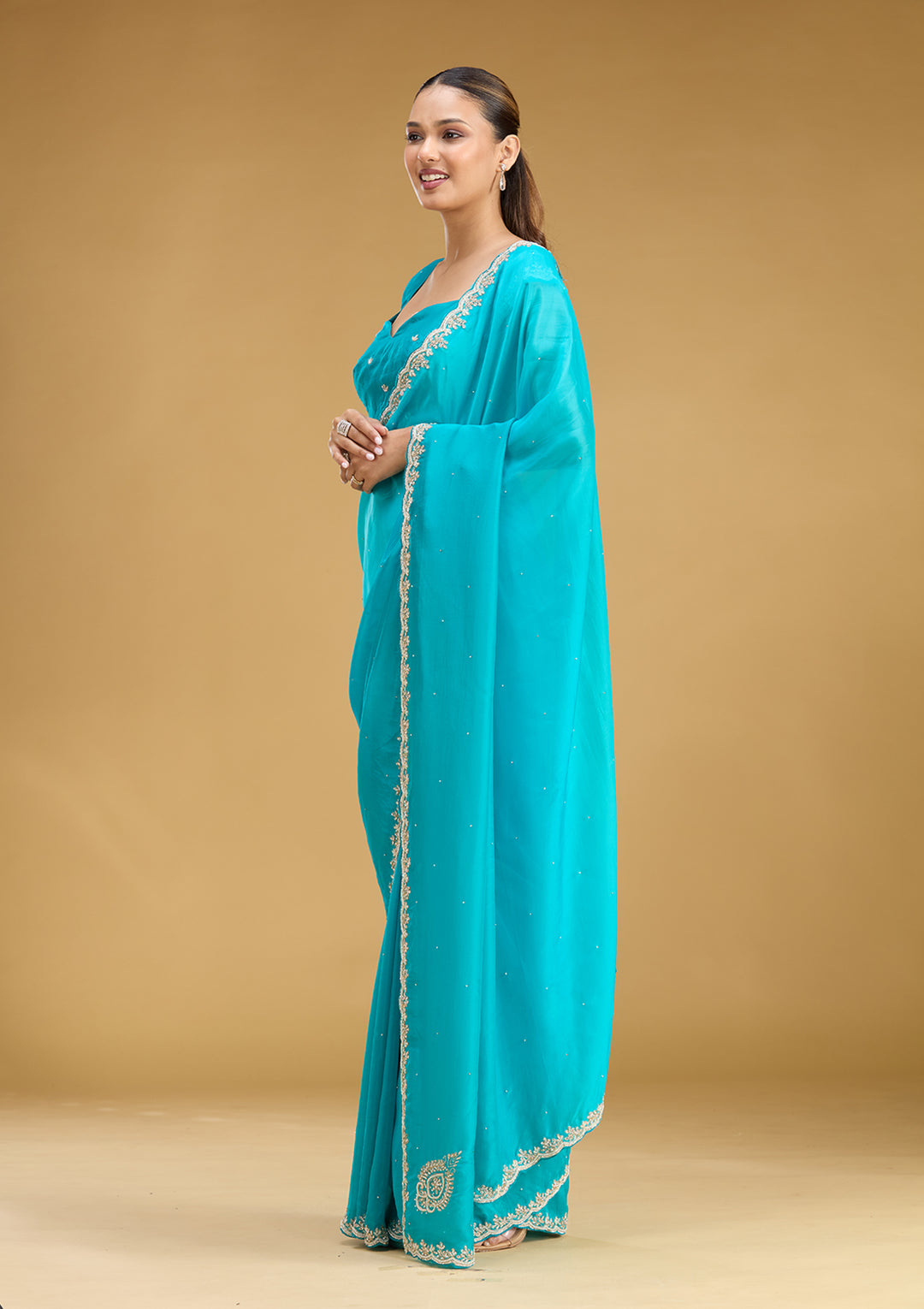 Blue Organza Stonework Saree With Matching Blouse Piece