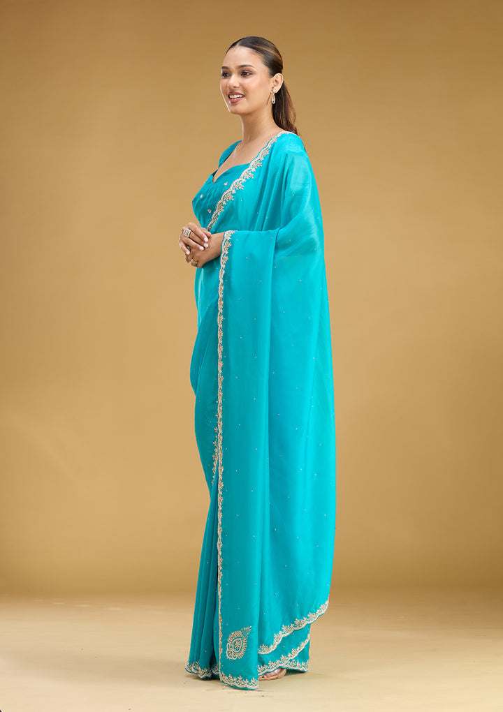 Blue Organza Stonework Saree With Matching Blouse Piece
