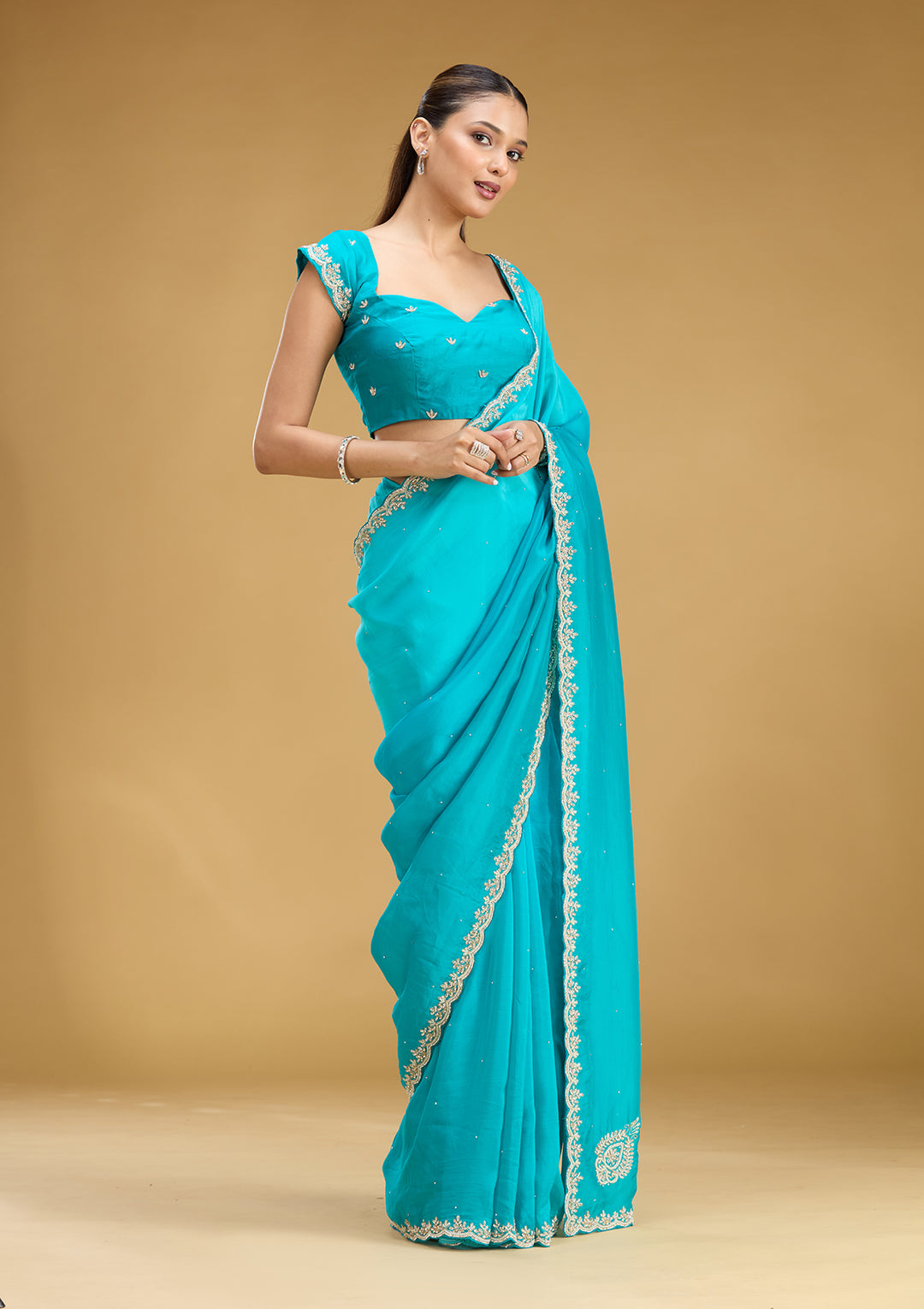Blue Organza Stonework Saree With Matching Blouse Piece