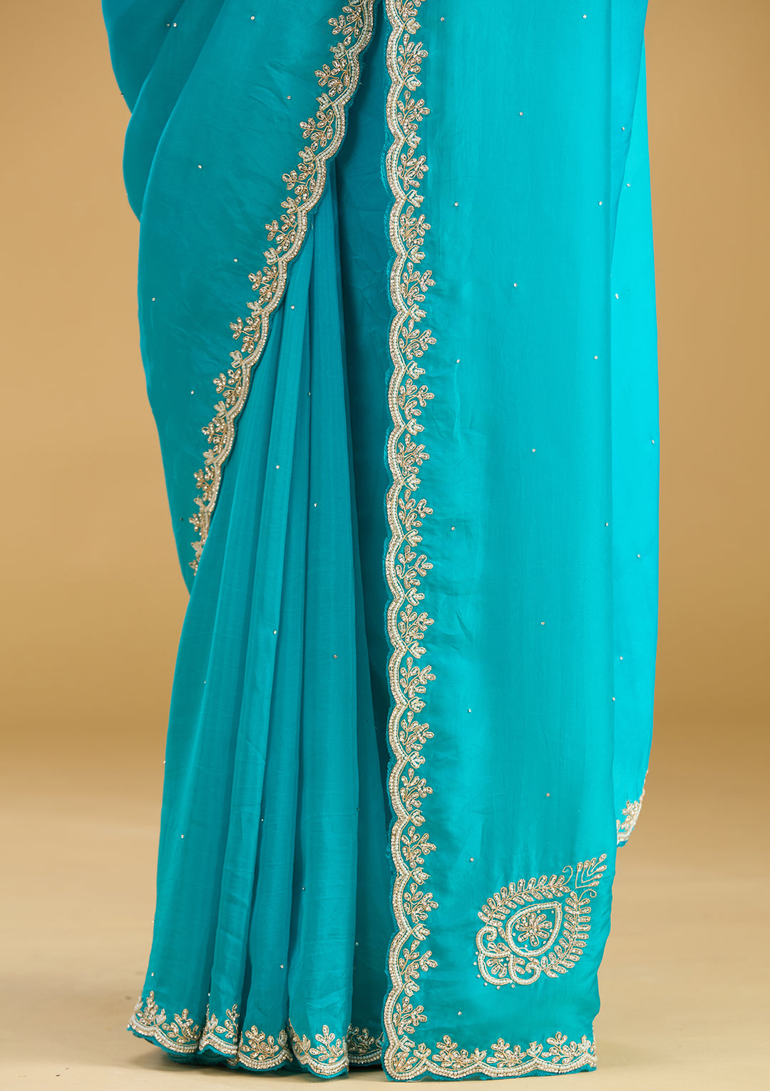 Blue Organza Stonework Saree With Matching Blouse Piece