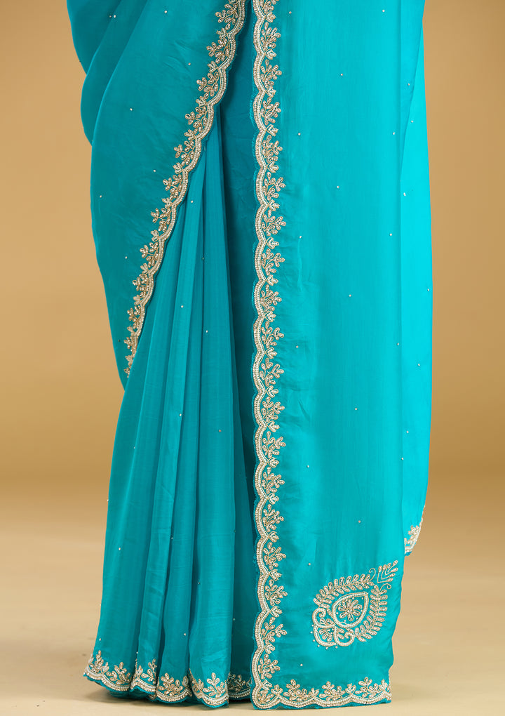 Blue Organza Stonework Saree With Matching Blouse Piece