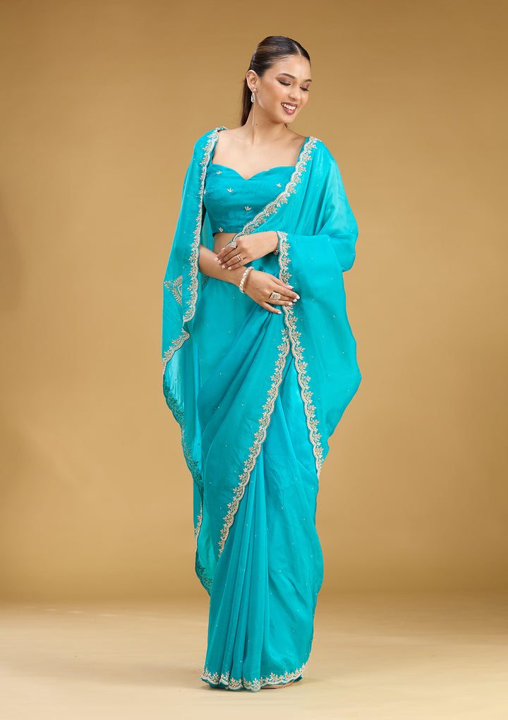 Blue Organza Stonework Saree With Matching Blouse Piece