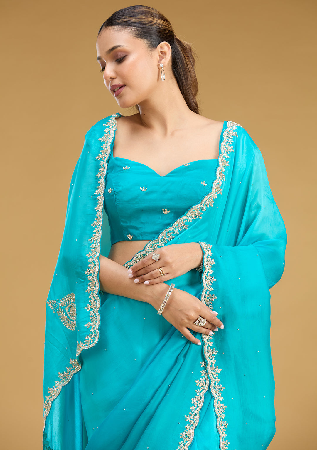 Blue Organza Stonework Saree With Matching Blouse Piece