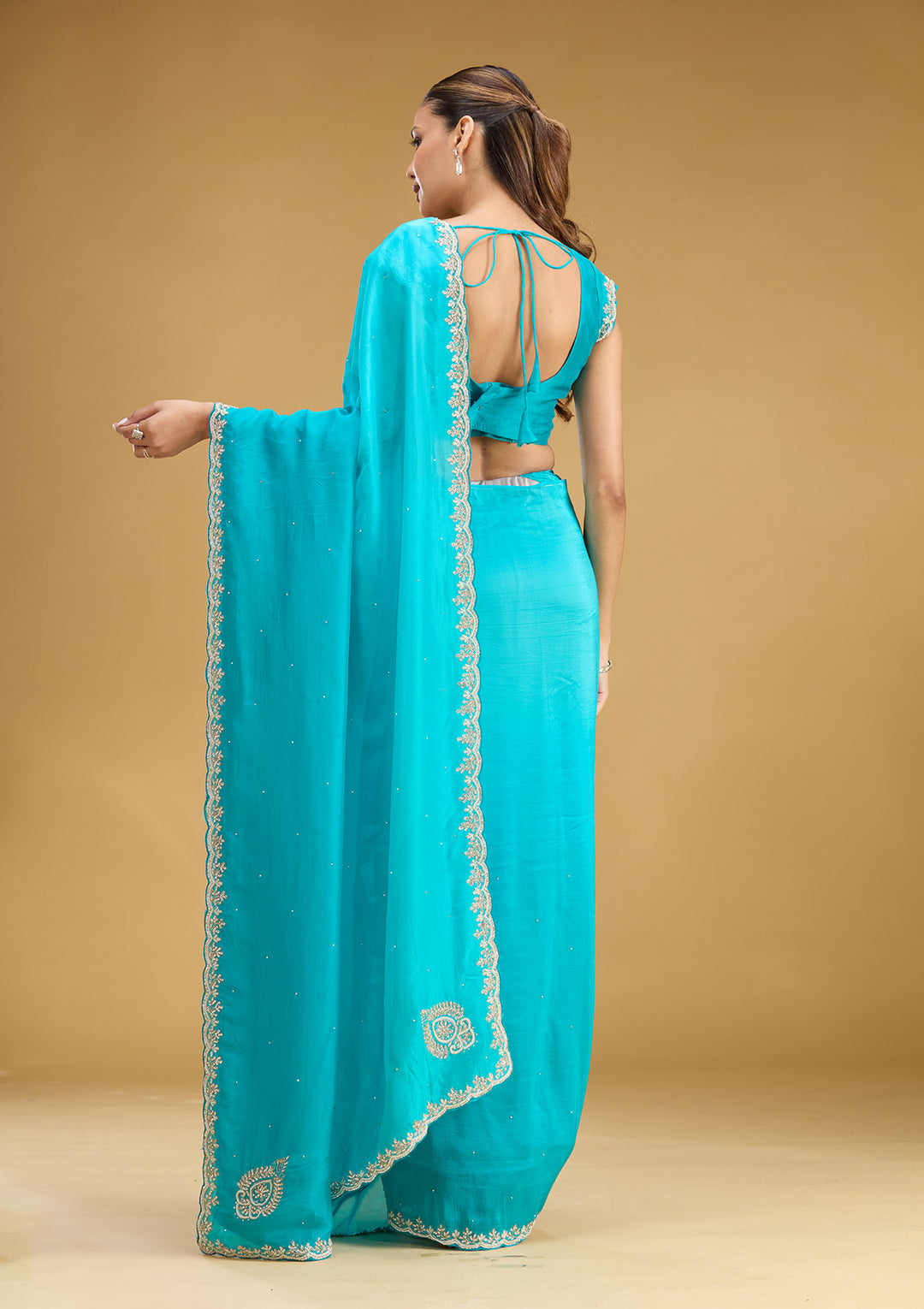 Blue Organza Stonework Saree With Matching Blouse Piece