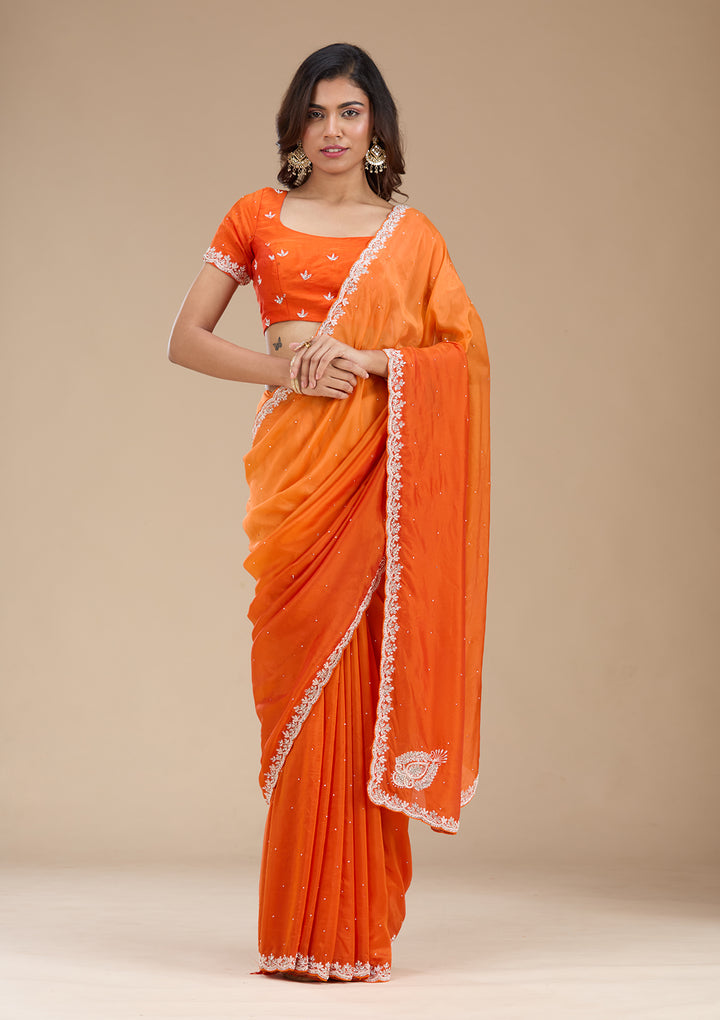 Orange Satin Cutdana Saree With Matching Blouse Piece
