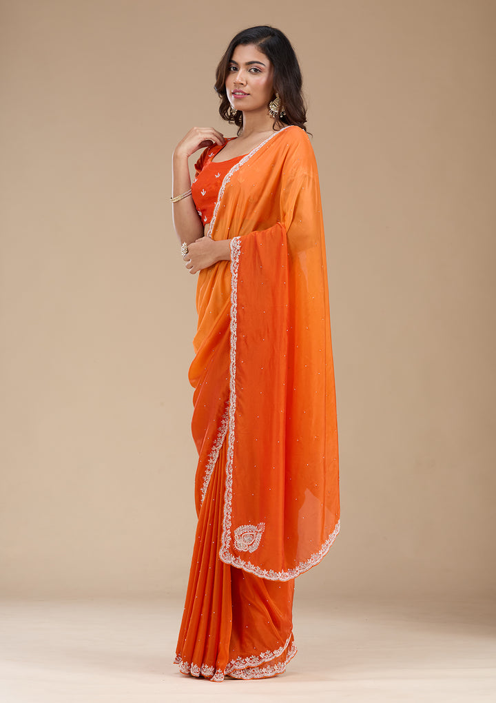 Orange Satin Cutdana Saree With Matching Blouse Piece