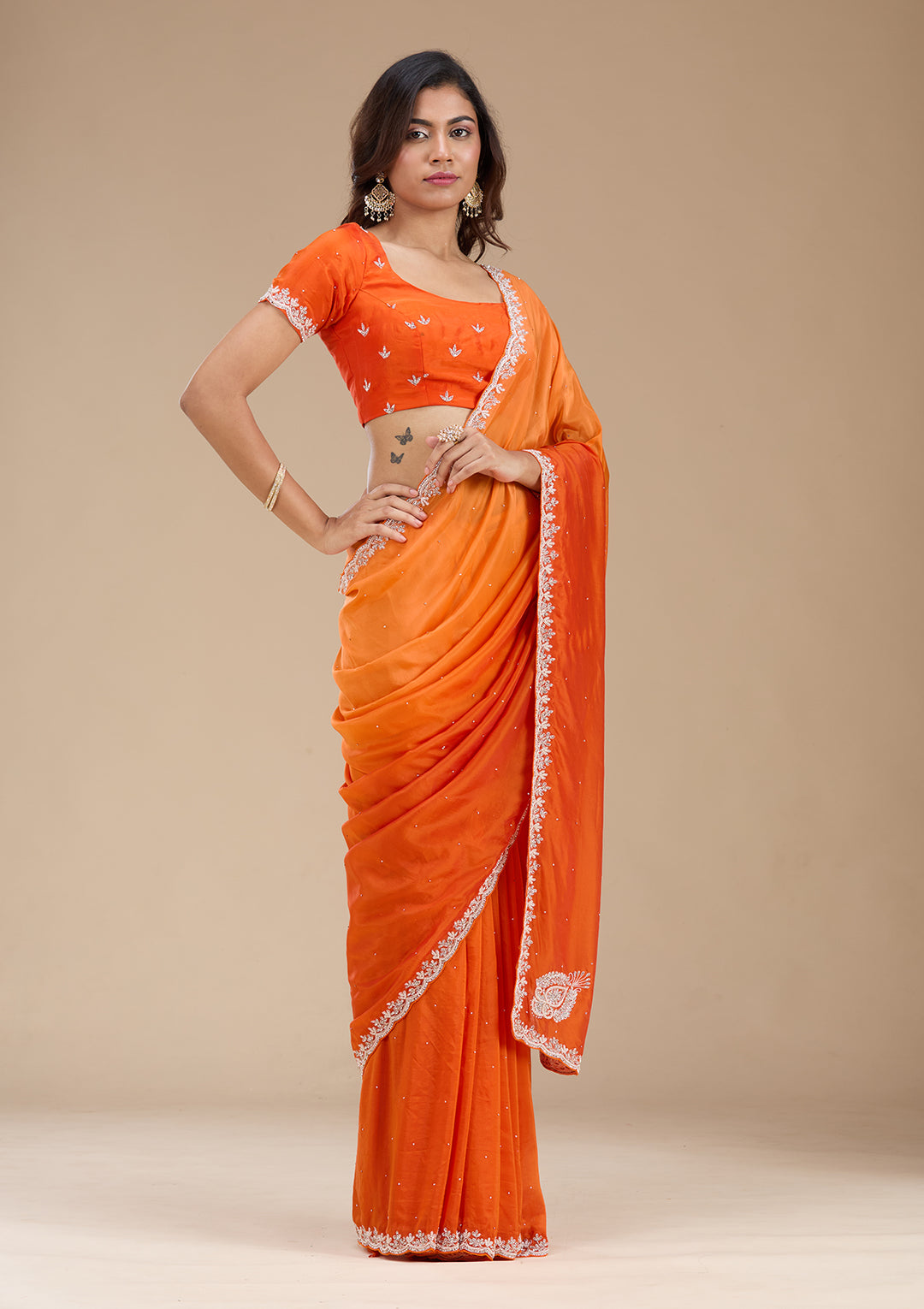 Orange Satin Cutdana Saree With Matching Blouse Piece