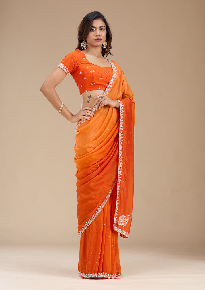 Orange Satin Cutdana Saree With Matching Blouse Piece