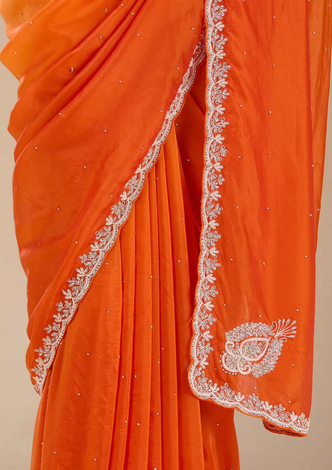 Orange Satin Cutdana Saree With Matching Blouse Piece