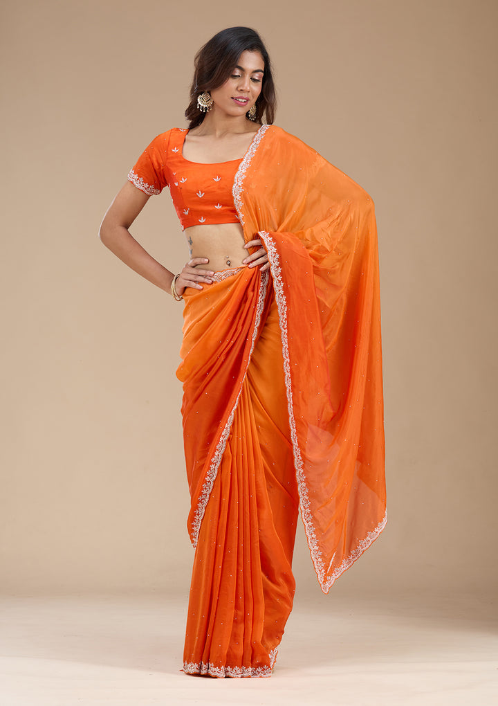 Orange Satin Cutdana Saree With Matching Blouse Piece