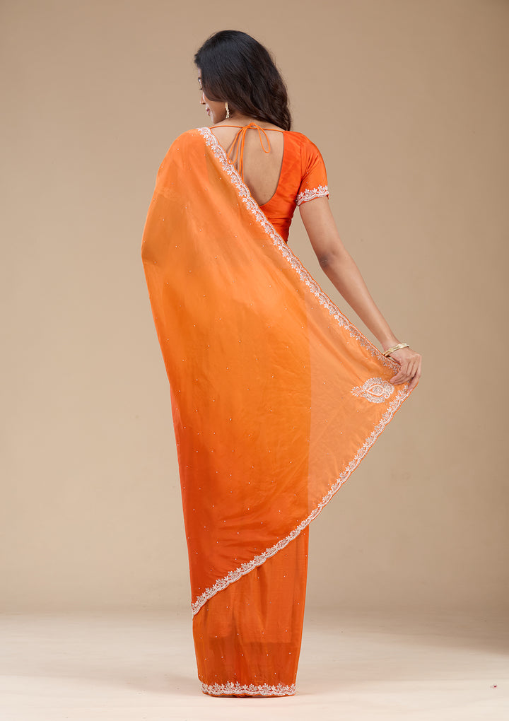 Orange Satin Cutdana Saree With Matching Blouse Piece