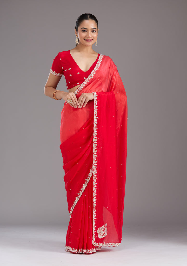 Red Satin Cutdana Saree With Matching Blouse Piece