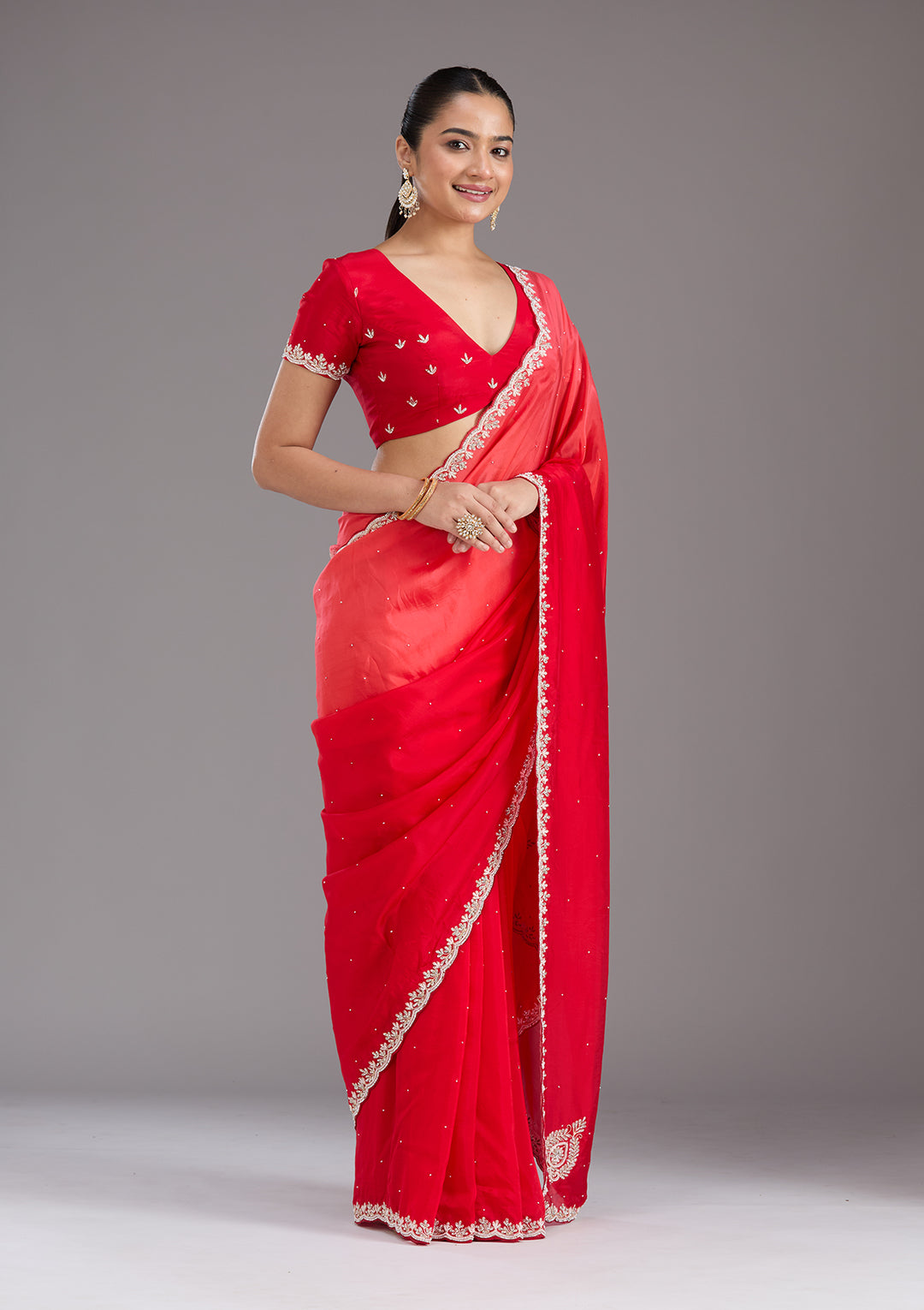 Red Satin Cutdana Saree With Matching Blouse Piece