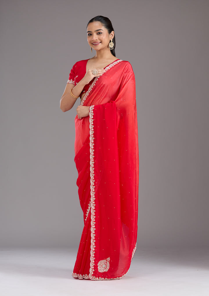 Red Satin Cutdana Saree With Matching Blouse Piece