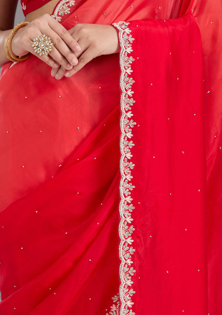 Red Satin Cutdana Saree With Matching Blouse Piece
