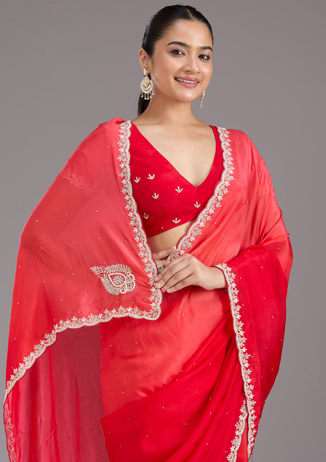 Red Satin Cutdana Saree With Matching Blouse Piece