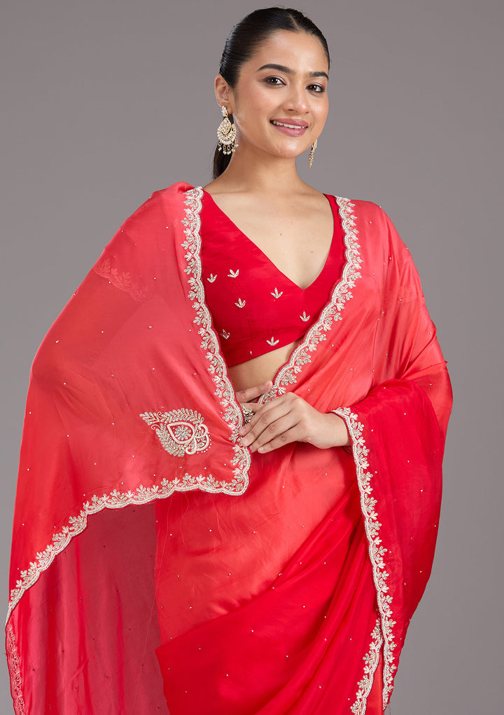 Red Satin Cutdana Saree With Matching Blouse Piece