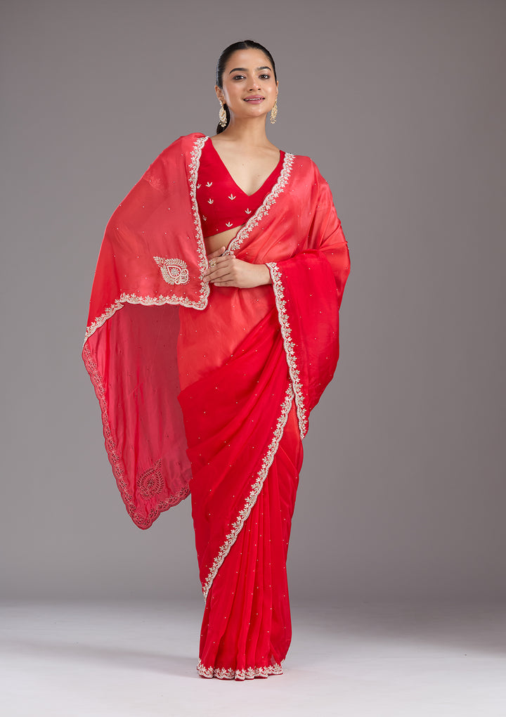 Red Satin Cutdana Saree With Matching Blouse Piece
