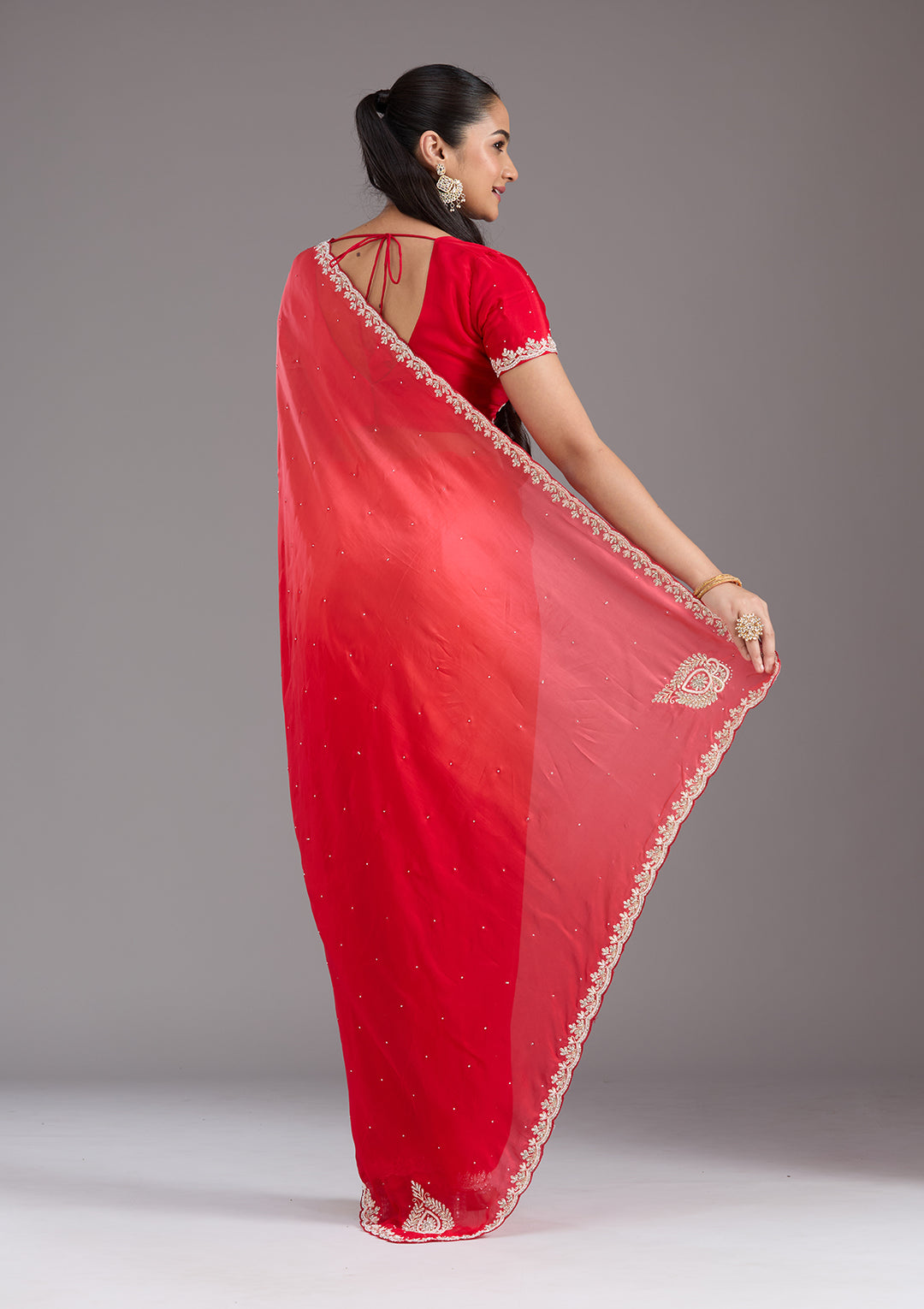 Red Satin Cutdana Saree With Matching Blouse Piece