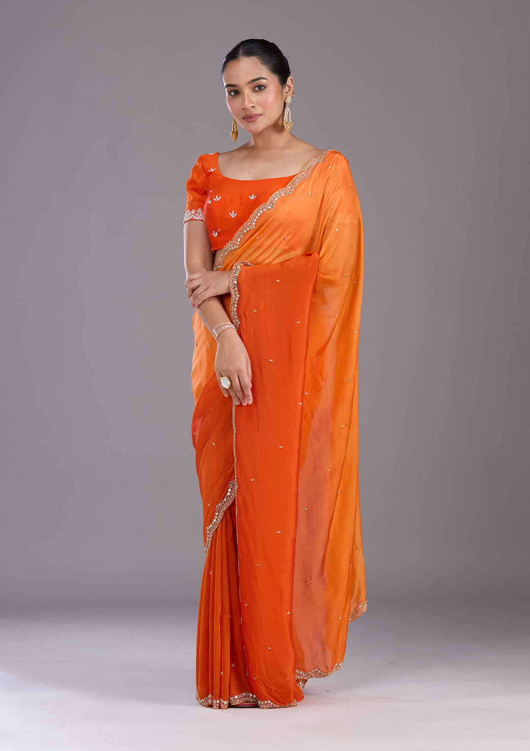 Orange Cutdana Satin Saree