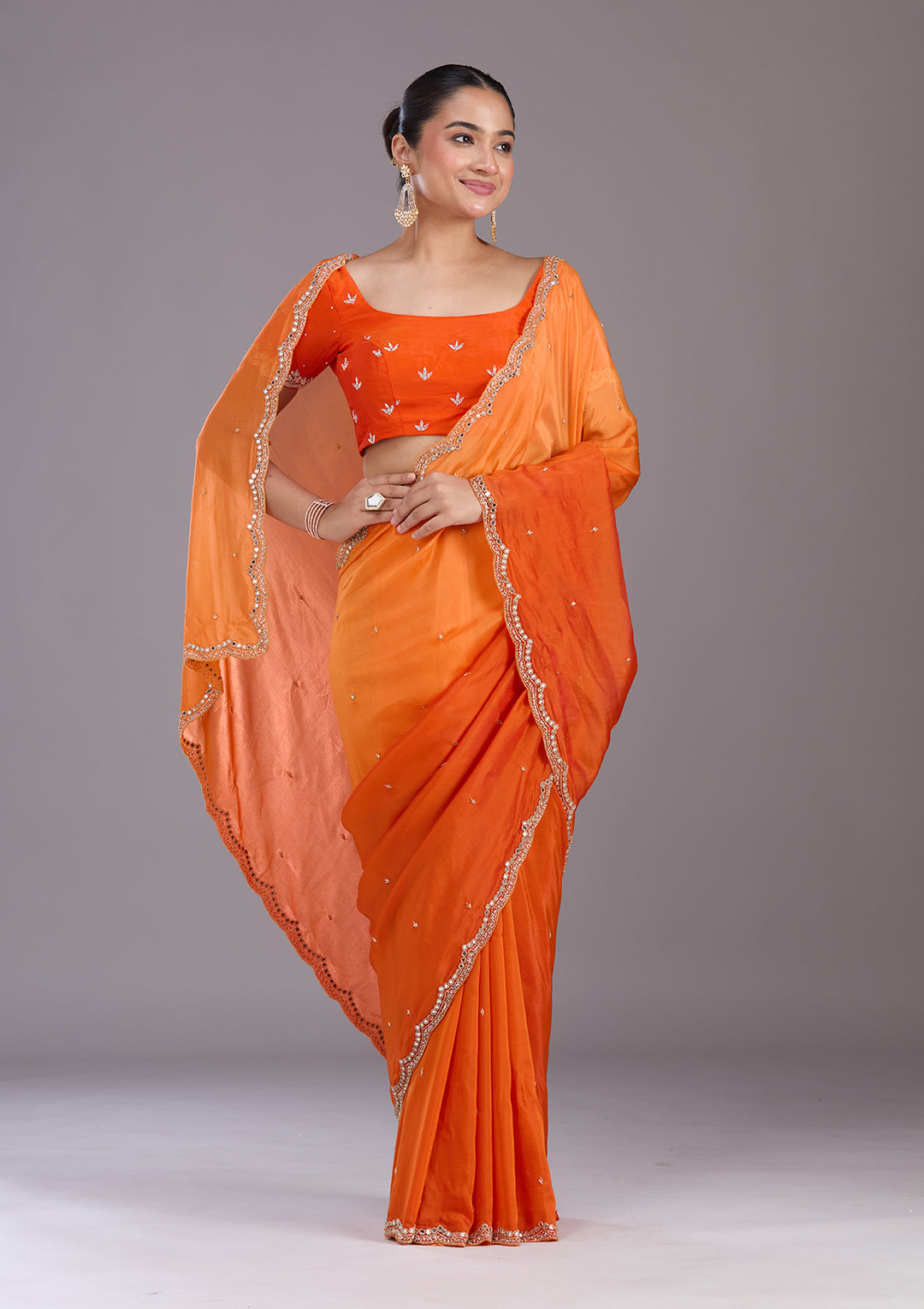 Orange Cutdana Satin Saree