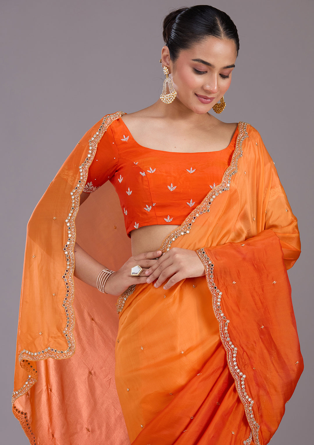 Orange Cutdana Satin Saree