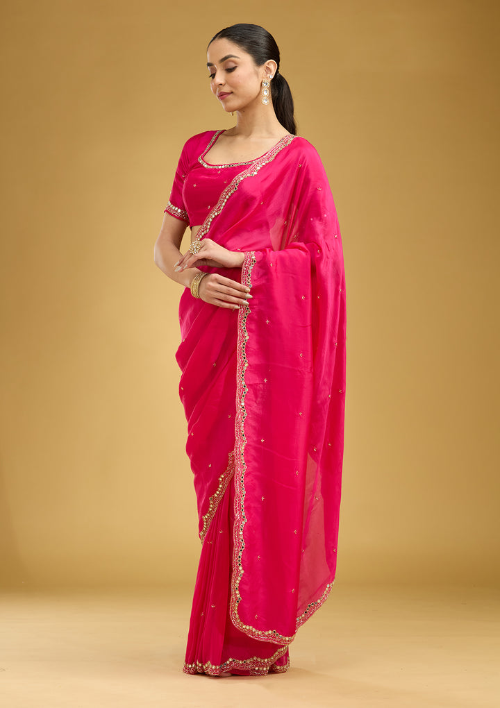 Rani Pink Cutwork Tissue Saree