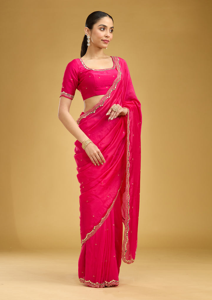 Rani Pink Cutwork Tissue Saree