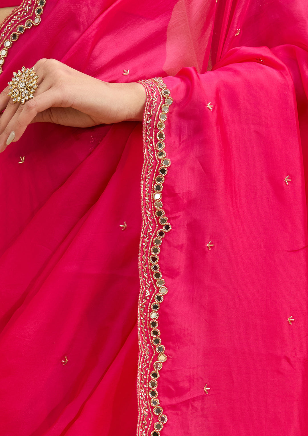 Rani Pink Cutwork Tissue Saree