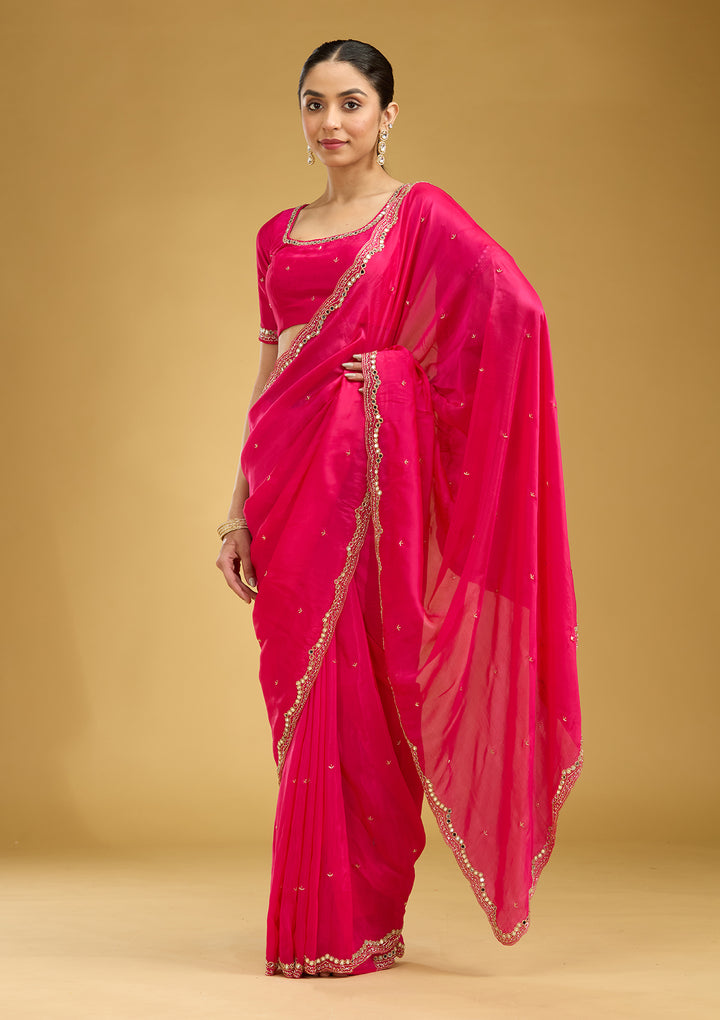 Rani Pink Cutwork Tissue Saree