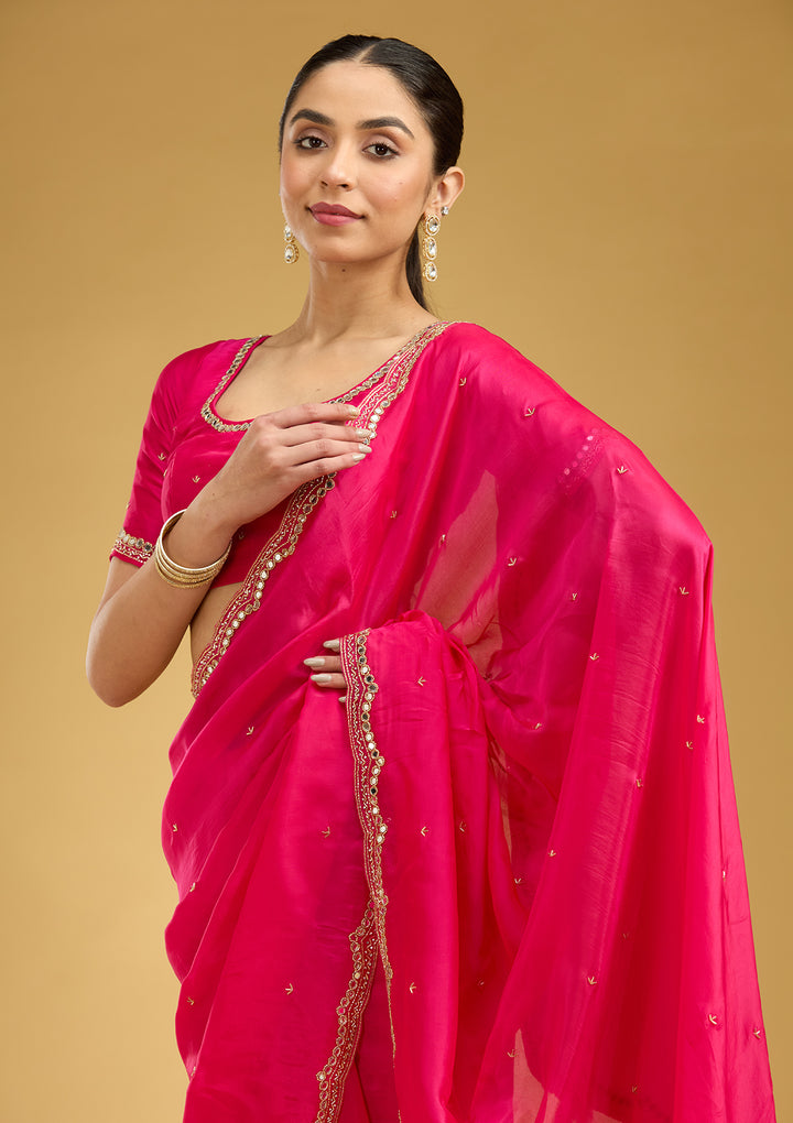Rani Pink Cutwork Tissue Saree