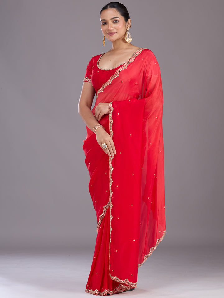 Red Cutdana Satin Saree