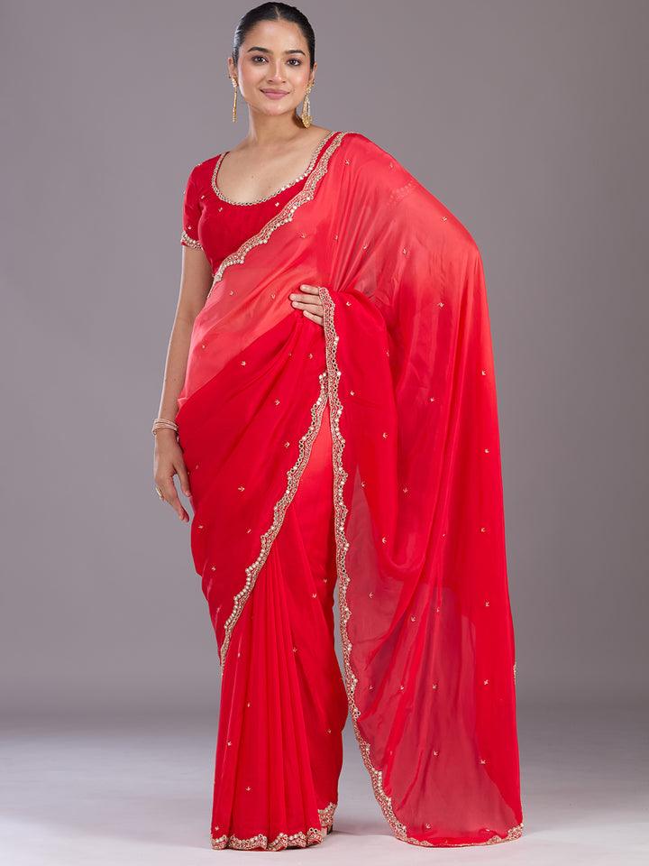 Red Cutdana Satin Saree