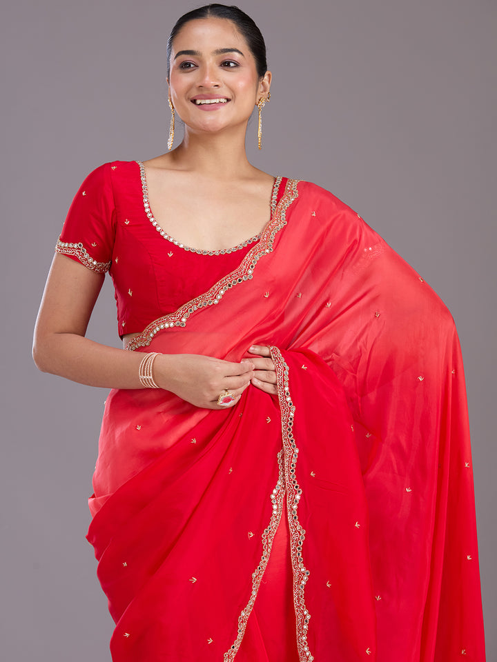 Red Cutdana Satin Saree