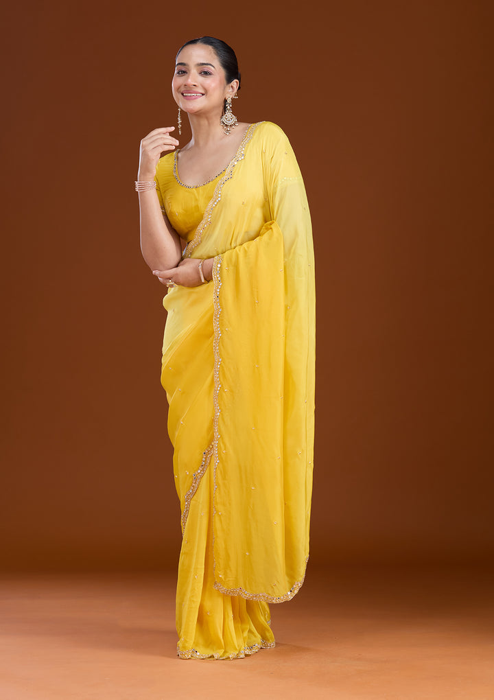 Yellow Cutdana Satin Saree