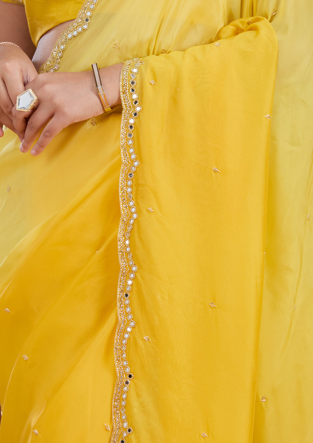 Yellow Cutdana Satin Saree