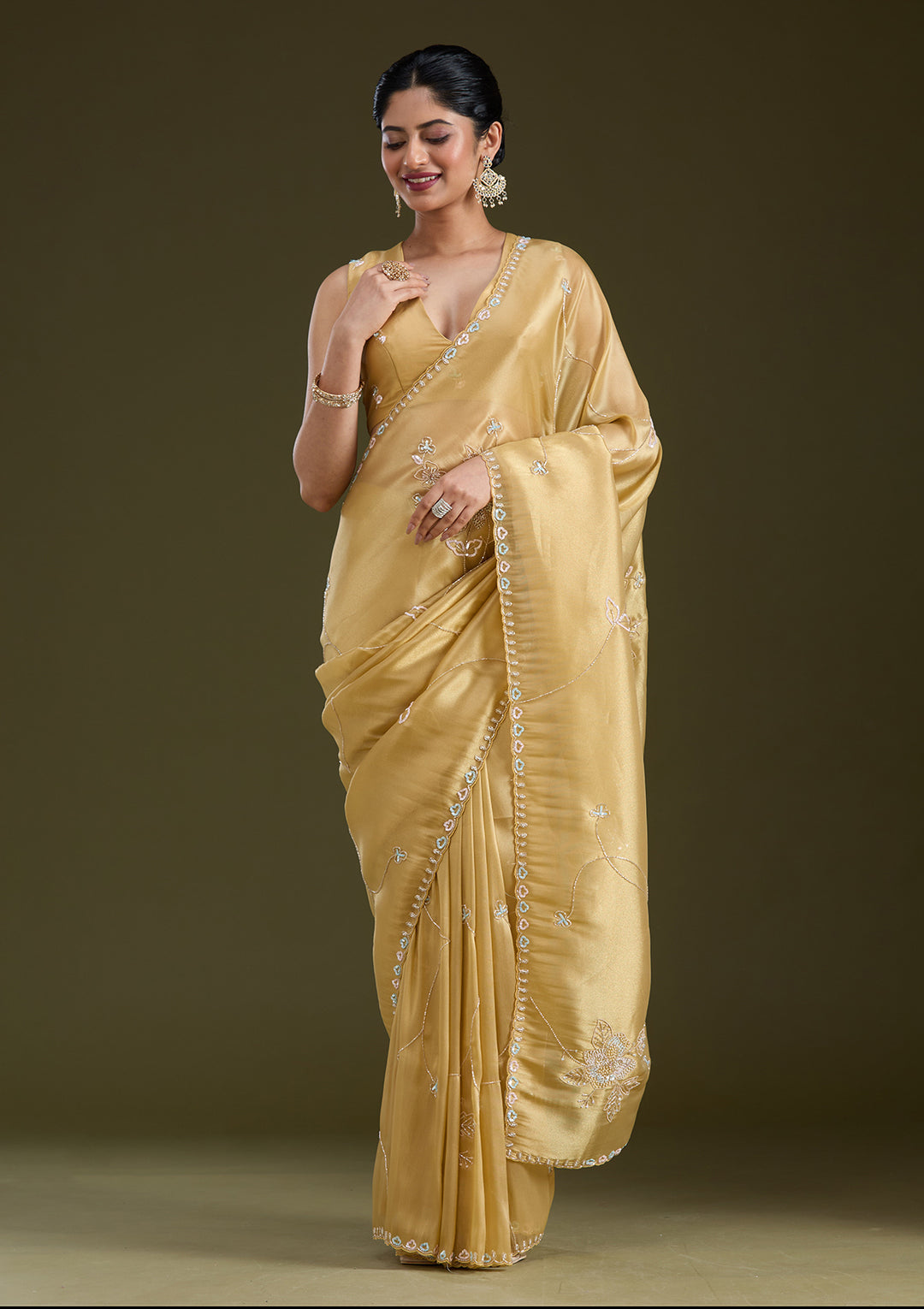 Gold Tissue Aariwork Saree With Matching Blouse Piece