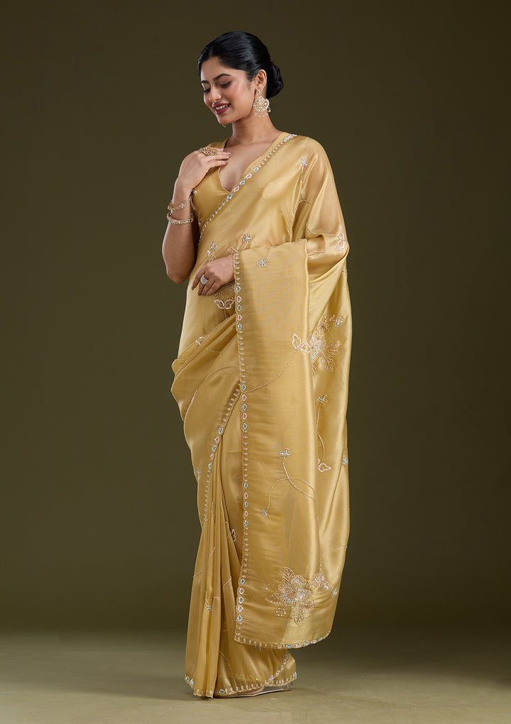 Gold Tissue Aariwork Saree With Matching Blouse Piece
