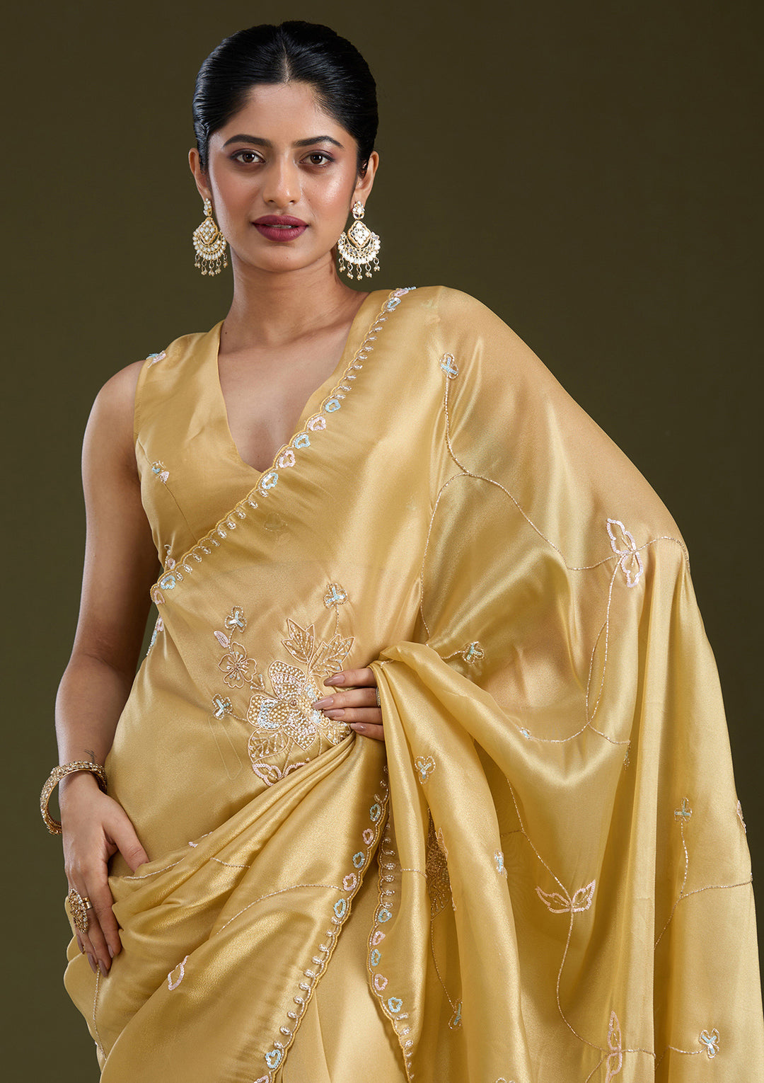 Gold Tissue Aariwork Saree With Matching Blouse Piece