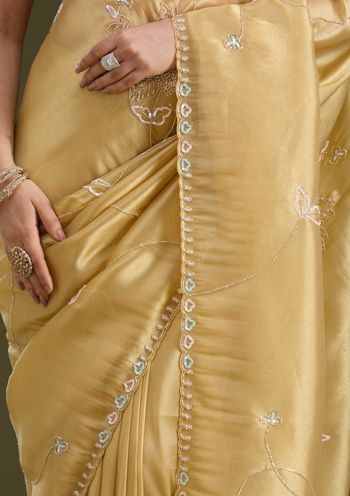 Gold Tissue Aariwork Saree With Matching Blouse Piece