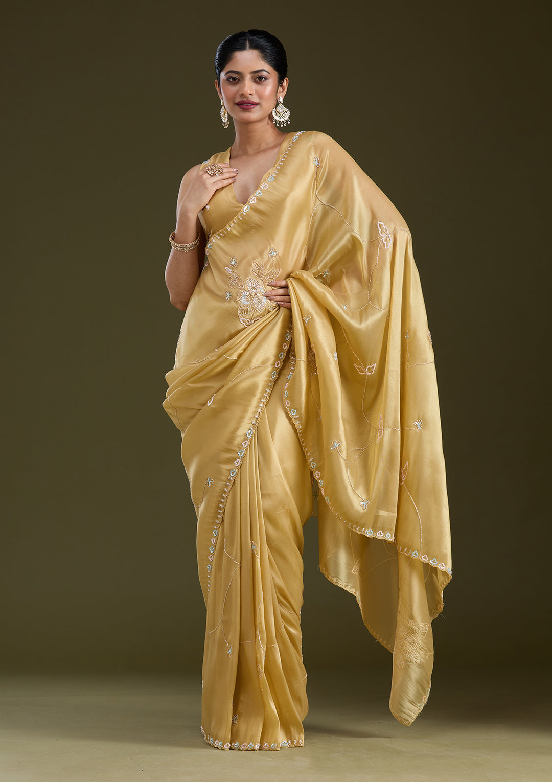 Gold Tissue Aariwork Saree With Matching Blouse Piece