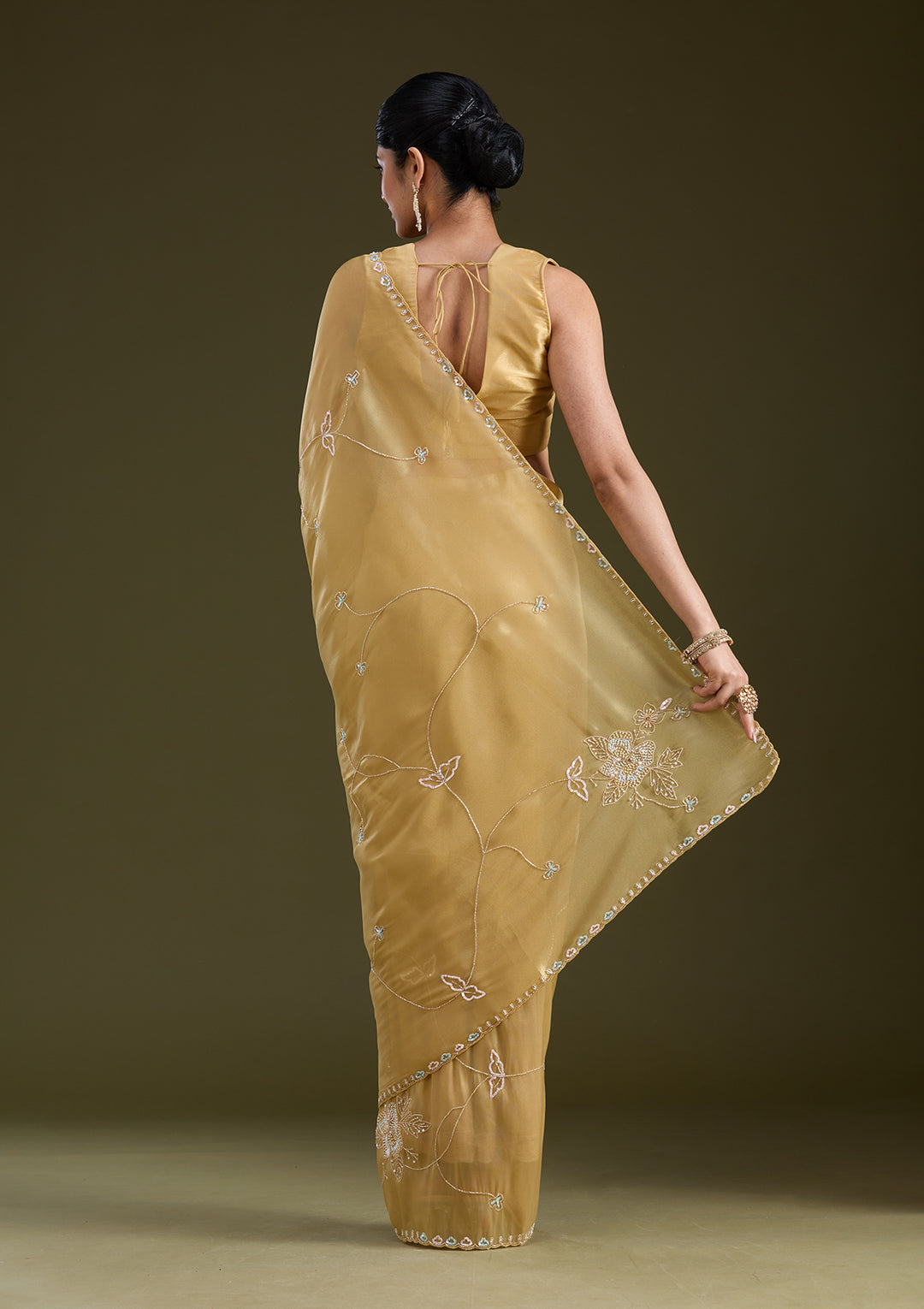 Gold Tissue Aariwork Saree With Matching Blouse Piece