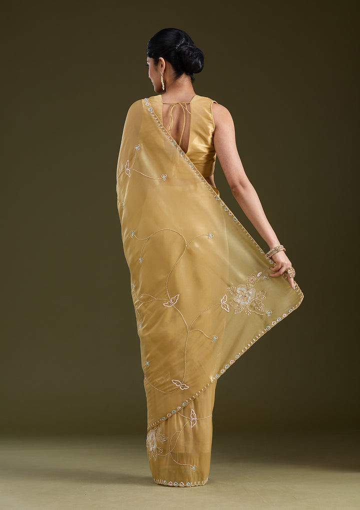 Gold Tissue Aariwork Saree With Matching Blouse Piece