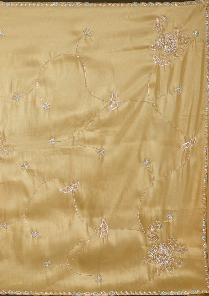 Gold Tissue Aariwork Saree With Matching Blouse Piece