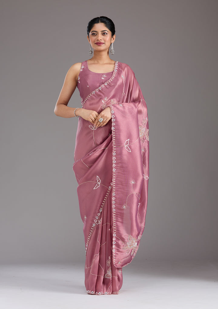 Onion Pink Tissue Aariwork Saree With Matching Blouse Piece