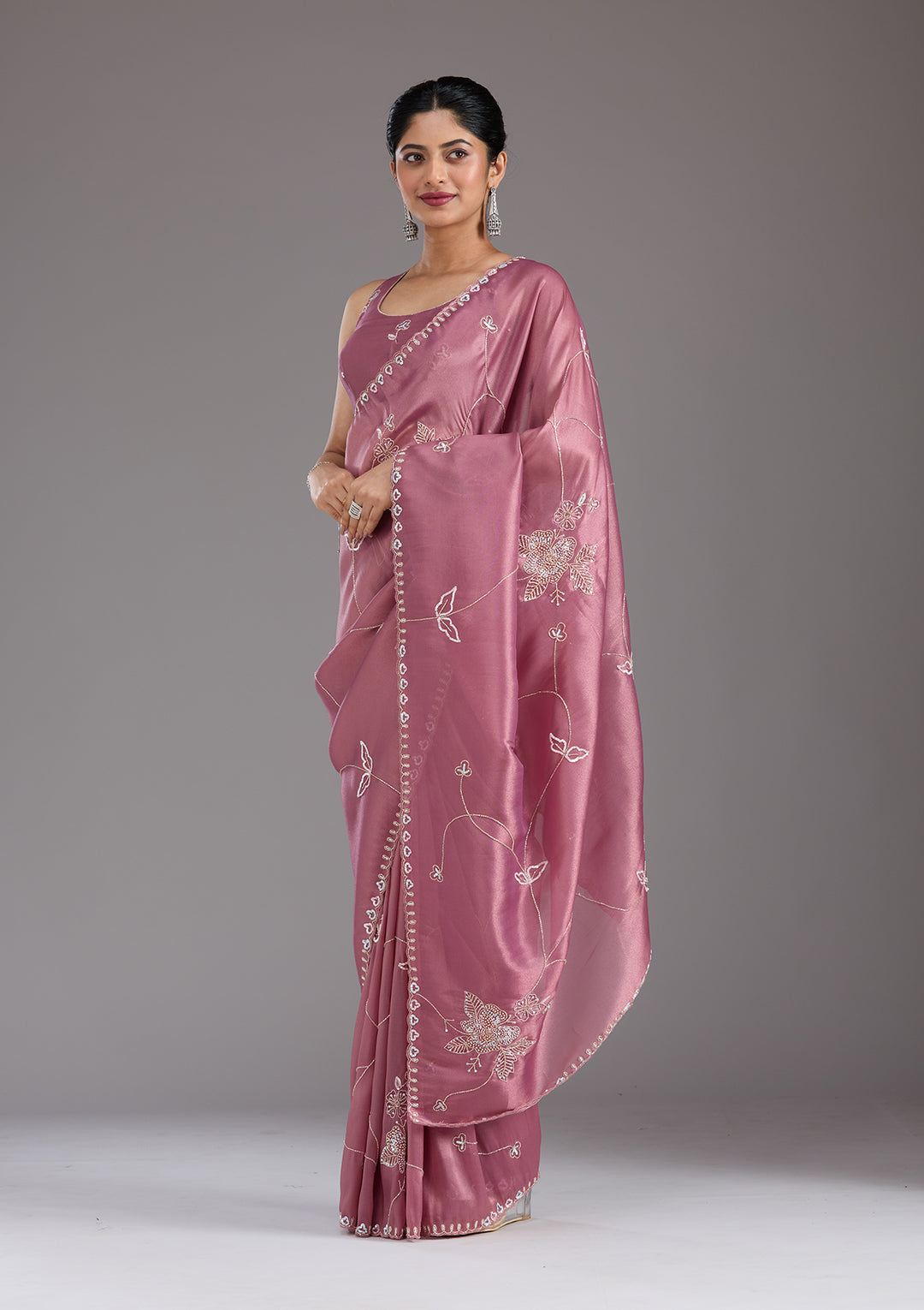 Onion Pink Tissue Aariwork Saree With Matching Blouse Piece