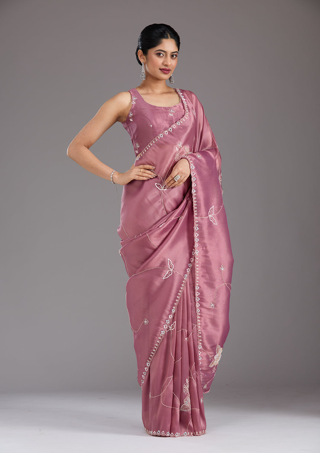 Onion Pink Tissue Aariwork Saree With Matching Blouse Piece