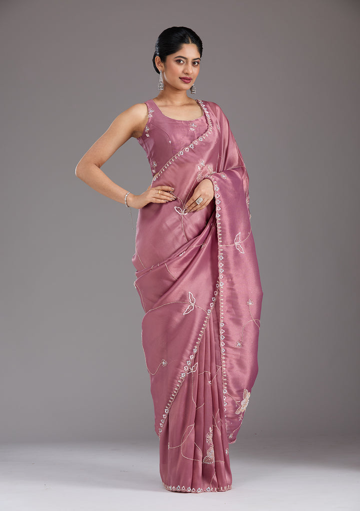 Onion Pink Tissue Aariwork Saree With Matching Blouse Piece