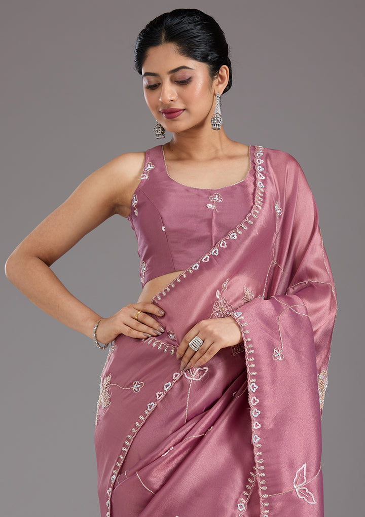 Onion Pink Tissue Aariwork Saree With Matching Blouse Piece